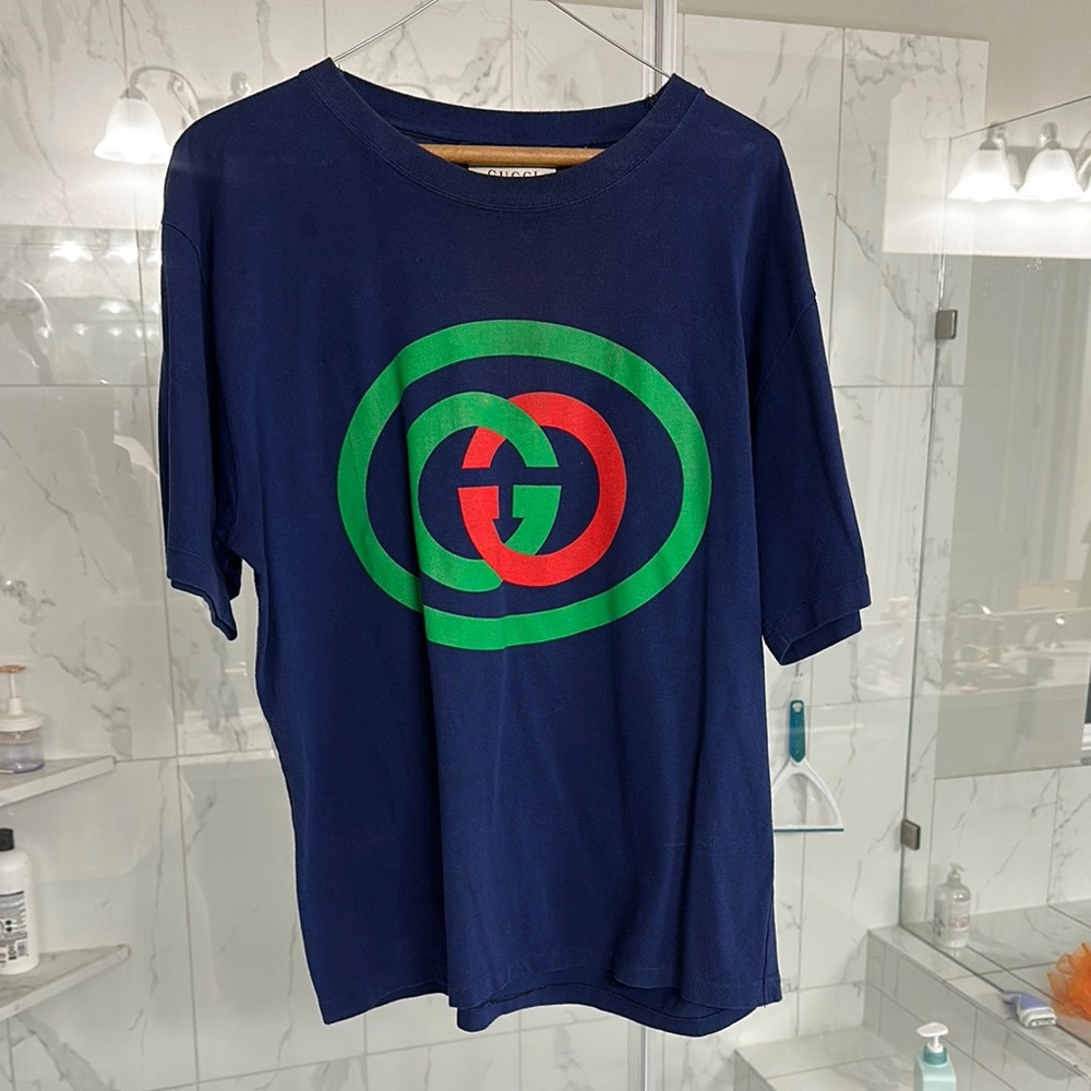 Gucci Blue Tee with Iconic Green and Red Logo